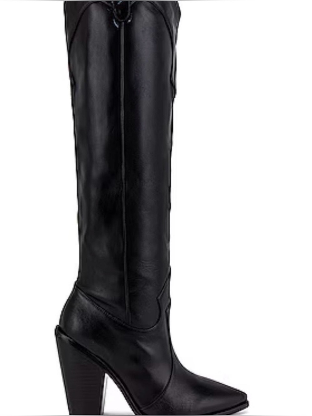 RAYE Black Pointed-Toe Knee-High Leather Heeled Boots